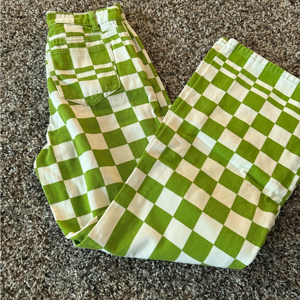 SHEIN Green and White Checkered Flare Jeans